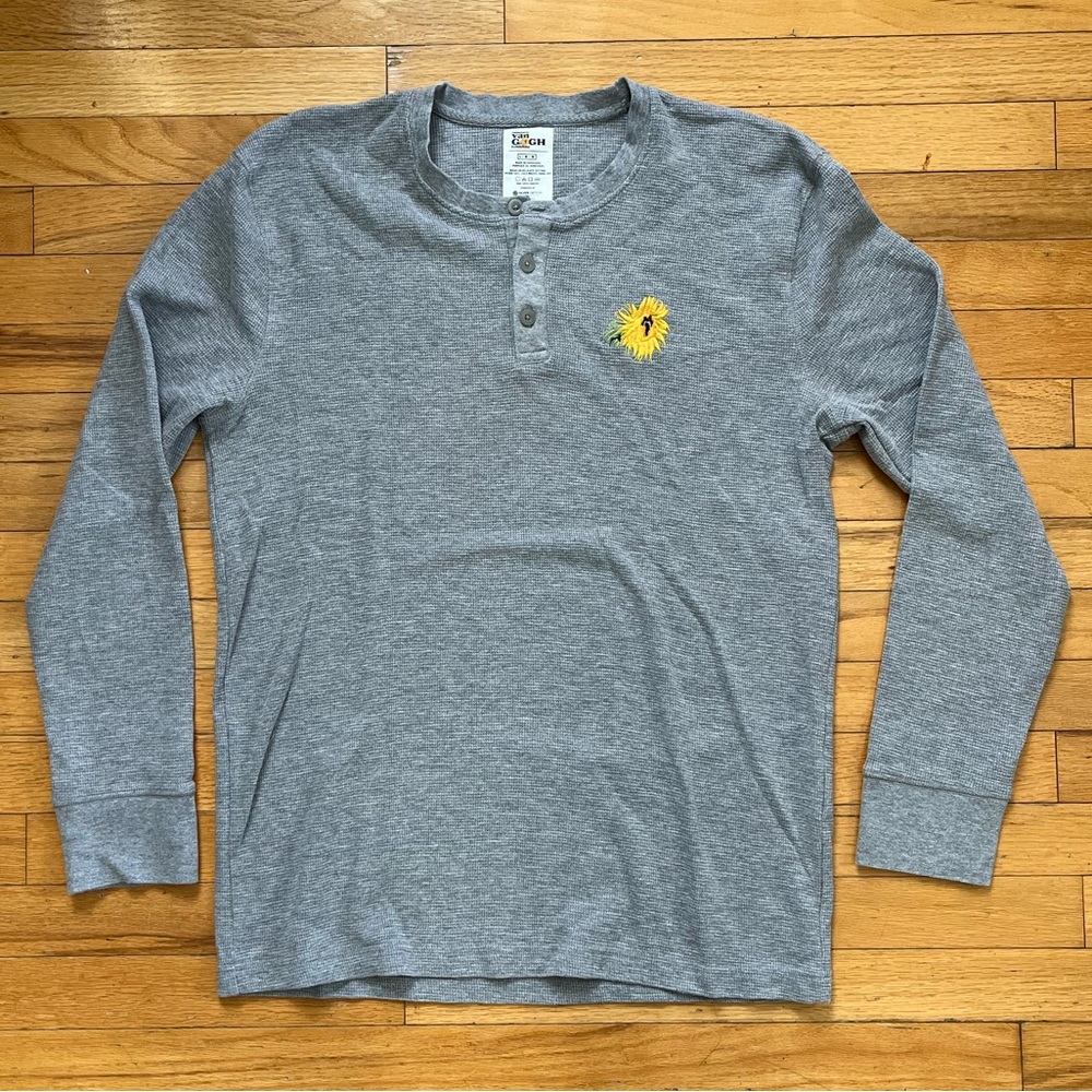 Van Gogh Sunflower Henley Waffle Knit Thermal Gray Embroidered Sewn Artist Art
